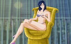  belly bikini black_hair breasts chair city city_hunter cityscape closed_mouth crossed_legs cup female hand_on_thigh high_heels holding holding_cup long_legs lowres mirror navel nogami_saeko short_hair sitting solo source_request swimsuit thighs 