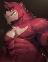  abs anthro armpit_hair bear black_nipples bodily_fluids body_hair facial_hair fangs goatee grin hi_res huzzhuz kumatetsu looking_sideways male mammal moustache muscular muscular_arms muscular_male nipples pecs pompadour shirtless shirtless_male smile solo sweat teeth the_boy_and_the_beast 