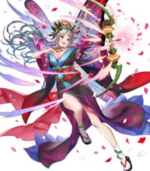  arrow_(projectile) bow_(weapon) breasts cleavage facial_mark fairy_wings female fire_emblem fire_emblem_heroes forehead_mark full_body gradient_hair highres holding holding_bow_(weapon) holding_weapon japanese_clothes kimono large_breasts long_hair looking_away multicolored_hair non-web_source obi official_art petals plumeria_(fire_emblem) plumeria_(new_year)_(fire_emblem) pointy_ears ponytail red_eyes sandals sash smile solo tabi teffish transparent_background weapon white_legwear wide_sleeves wings 