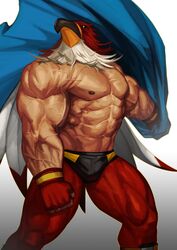  1boy abs absurdres bara biceps bird_mask blue_cloak bulge cloak commentary english_commentary fatal_fury garou:_mark_of_the_wolves gloves gradient_background grey_background griffon_mask highres large_pectorals male_focus manly mask muscular muscular_male navel nipples pectorals solo the_king_of_fighters topless_male traver009 veins wrestler wrestling_mask wrestling_outfit 