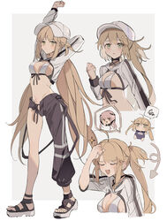  absurdres ahoge arm_up arrow_(symbol) artoria_caster_(fate) artoria_caster_(swimsuit)_(fate) artoria_caster_(swimsuit)_(first_ascension)_(fate) artoria_pendragon_(fate) asymmetrical_pants baseball_cap bikini bikini_top_only black_pants blonde_hair border clenched_hand closed_eyes closed_mouth cnoc_na_riabh_(fate) cnoc_na_riabh_(swimsuit_foreigner)_(fate) cropped_jacket fate/grand_order fate_(series) female full_body green_eyes grey_background hand_on_own_head hand_up hat highres jacket long_hair long_sleeves looking_at_viewer medb_(fate) multiple_views navel note_nii open_mouth outside_border pants parted_lips platform_footwear sandals school_swimsuit simple_background sparkle spoken_character spoken_squiggle squiggle standing stretching sweat swimsuit twintails white_bikini white_border white_headwear 