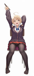  :d absurdres ahoge arms_up black_cardigan black_pantyhose blonde_hair blue_bow blue_bowtie bow bowtie cardigan chair chinese_commentary collared_shirt commentary crotchless crotchless_panties feet female full_body green_eyes gusset hair_ornament highres holding holding_pen indie_virtual_youtuber long_sleeves looking_at_viewer low_twintails miniskirt no_shoes open_mouth panties panties_under_pantyhose pantyhose pantyshot pen photoshop_(medium) pleated_skirt pom_pom_(clothes) pom_pom_hair_ornament red_skirt round_teeth shigure_ui_(vtuber) shigure_ui_(vtuber)_(2nd_costume) shirt short_hair short_twintails simple_background sitting skirt smile solo teeth twintails underwear upper_teeth_only upskirt virtual_youtuber white_background white_panties white_shirt yizhirenben 