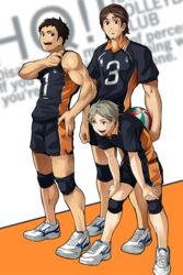  3boys 8_(yamalu) azumane_asahi bara black_hair brown_eyes brown_hair commentary_request facial_hair grey_hair haikyuu!! highres karasuno_volleyball_uniform large_pectorals looking_at_viewer male_focus mole mole_under_eye multiple_boys muscular muscular_male open_mouth pectorals sawamura_daichi shirt short_hair sideburns smile sportswear sugawara_koushi thighs volleyball_uniform 