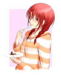  blush bonnie_(rsg) border braid collarbone cropped_torso eating female fork hair_between_eyes hino_kahoko holding holding_fork holding_plate hood hood_down hoodie la_corda_d&#039;oro long_hair long_sleeves pink_background plate red_hair solo striped_clothes striped_hoodie twin_braids upper_body white_border yellow_eyes 