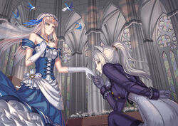  2girls alternate_costume arknights arm_behind_back bare_shoulders bird blue_dress blue_feathers braid breasts brooch ceylon_(arknights) column commentary_request cowboy_shot cross-laced_clothes dress eyeshadow feather_hair feathers flower frills gloves grey_gloves grey_hair head_wings highres holding_hands indoors jewelry kissing kissing_hand letter long_hair looking_at_viewer makeup medium_breasts multiple_girls nairobi_song off-shoulder_dress off_shoulder pentagram petticoat photoshop_(medium) pillar pink_hair ponytail profile rose schwarz_(arknights) sidelocks smile stained_glass standing underbust veil white_flower white_gloves white_rose wings yellow_eyes yuri 