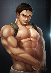  1boy 8_(yamalu) abs bara chris_redfield commentary_request facial_hair frown groin holding large_pectorals looking_at_viewer male_focus mature_male muscular muscular_male navel nipples pectoral_squeeze pectorals resident_evil short_hair smile solo stomach stubble thick_eyebrows topless_male veins veiny_arms 