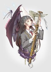  angel_wings bat_wings bird_wings black_hair blue_eyes blunt_bangs breasts brown_hair chains collared_shirt colored_inner_hair english_text feathered_wings female fins fish_tail grey_background hand_tattoo highres hio_tksr05 holding holding_sword holding_weapon jewelry lips long_hair mixed_wings multicolored_eyes multicolored_hair multiple_wings necktie open_mouth protagonist_2_(housamo) red_necktie ring scabbard school_uniform sheath sheathed shirt sidelocks simple_background skeletal_wings smile solo sparkle star_(symbol) sword tail tattoo tentacle tokyo_afterschool_summoners upper_body weapon white_eyes wings 