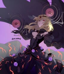  absurdres ahoge black_gloves black_legwear blonde_hair bracelet breasts cape circlet cleavage colored_eyelashes commentary_request cowlick dress female flower gem gloves grin highres isabeau_de_baviere_(madoka_magica) jewelry long_dress long_hair magia_record:_mahou_shoujo_madoka_magica_gaiden magical_girl mahou_shoujo_madoka_magica mahou_shoujo_tart_magica medium_breasts messy_hair necklace official_alternate_costume purple_flower purple_rose queen red_eyes ring rose smile solo strapless strapless_dress tall_female un_nm5sy wavy_hair 