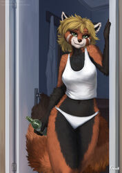  2022 ailurid anthro bottle clothed clothing container digital_media_(artwork) door exposure_variation eyebrows female fingers foxovh front_view fur green_eyes hair hi_res holding_bottle holding_container holding_object looking_at_viewer lynne mammal navel red_panda smile solo 