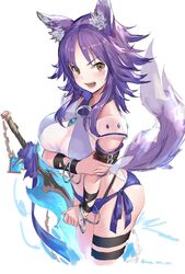  animal_ears arm_grab armband ass bikini breasts cleavage criss-cross_halter female halterneck highres makoto_(princess_connect!) makoto_(summer)_(princess_connect!) nurumi o-ring o-ring_bikini o-ring_top open_mouth panties princess_connect! purple_hair purple_panties solo swimsuit sword tail thigh_strap underwear weapon wolf_ears wolf_girl wolf_tail yellow_eyes 