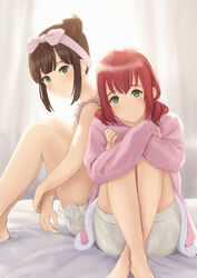  2girls backlighting bad_id bad_pixiv_id bare_legs bare_shoulders barefoot bed_sheet bloom bloomers blunt_bangs blush closed_mouth commentary crossed_ankles dress feet_out_of_frame green_eyes hair_bun head_tilt highres hugging_own_legs knees_up kurosawa_dia kurosawa_ruby long_sleeves looking_at_viewer love_live! love_live!_sunshine!! low_twintails mole mole_under_mouth multiple_girls on_bed own_hands_together papi_(papiron100) pink_dress polka_dot red_hair short_hair siblings sidelocks single_hair_bun sisters sitting sleeves_past_wrists smile twintails underwear 