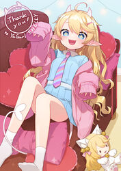  +_+ :d ahoge blonde_hair blue_eyes blue_shirt character_doll character_request commentary_request female hair_ornament hairclip heart heart-shaped_pillow highres horns long_hair lying necktie on_back open_mouth pillow pink_necktie pointy_ears shirt sleeves_past_wrists smile socks solo striped striped_necktie tail uchako 