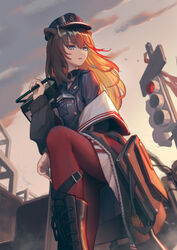  absurdres ancle_(aruncle) animal_ears arknights bear_ears blue_eyes boots brown_footwear brown_hair cloud female highres jacket long_hair long_sleeves multicolored_hair official_alternate_costume photoshop_(medium) red_hair red_legwear solo streaked_hair traffic_light zima_(arknights) zima_(ready_to_go)_(arknights) 