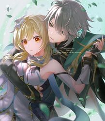  1boy ahoge akasha_terminal alhaitham_(genshin_impact) artist_name bare_shoulders black_gloves blonde_hair breasts cleavage closed_mouth collarbone dress eyelashes falling_leaves female flower genshin_impact gloves grabbing grabbing_from_behind grey_hair hair_flower hair_ornament headphones holding_another&#039;s_wrist large_breasts leaf lumine_(genshin_impact) open_mouth partially_fingerless_gloves sidelocks sleeveless sleeveless_dress twitter_username white_dress white_flower yamaya_aya yellow_eyes 