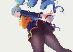  absurdres ace_trainer_(pokemon) ass black_pantyhose blue_eyes blue_hair breasts female from_below highres large_breasts momihige pantyhose poke_ball poke_ball_(basic) pokemon pokemon_bw skirt solo standing thighs twintails upskirt 