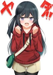  bag black_hair blush collarbone commentary female grey_eyes hair_ornament highres jacket kamesys long_hair looking_at_viewer love_live! love_live!_nijigasaki_high_school_idol_club one_side_up pantyhose pantyhose_under_shorts red_jacket shorts shoulder_bag sidelocks solo straight_hair tears translated white_background yuki_setsuna_(love_live!) 