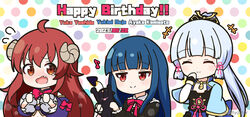  +++ 3girls ^_^ ahoge animal black_cat black_dress blue_hair blunt_bangs bow brown_eyes brown_hair chibi closed_eyes closed_mouth commentary_request crisis_management_form_(machimazo) crossover dated demon_girl demon_horns demon_tail dress eighth_note feline flying_sweatdrops genshin_impact hand_up happy_birthday highres holding holding_animal horns idolmaster idolmaster_cinderella_girls kamisato_ayaka long_hair long_sleeves machikado_mazoku mitya multicolored_polka_dots multiple_crossover multiple_girls musical_note oerba_yun_fang open_mouth pero_(idolmaster_cinderella_girls) polka_dot polka_dot_background ponytail puffy_long_sleeves puffy_sleeves purple_bow red_eyes sajo_yukimi short_sleeves tail twitter_username very_long_hair wavy_mouth white_background wide_sleeves yoshida_yuuko_(machikado_mazoku) 