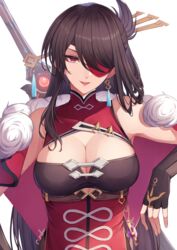  beidou_(genshin_impact) black_gloves blush breasts brown_hair capelet china_dress chinese_clothes cleavage cleavage_cutout clothing_cutout colored_eyepatch dress earrings eyepatch female fingerless_gloves fur_collar genshin_impact gloves hair_ornament hair_over_one_eye hairpin half_updo highres jewelry large_breasts long_hair looking_at_viewer pelvic_curtain pnatsu red_dress red_eyes smile solo sword weapon white_background 