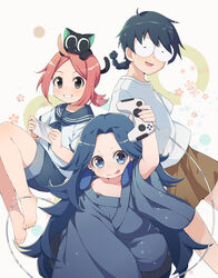  3boys a&#039;gen_(the_legend_of_luoxiaohei) absurdres animal_on_head barefoot black_cat black_eyes blue_eyes blue_robe blue_sailor_collar blue_shorts blush braid braided_ponytail brown_shorts cat_on_head controller earrings feline female game_controller highres jewelry laojun_(the_legend_of_luoxiaohei) long_sleeves luo_xiaobai luo_xiaohei luo_xiaohei_(cat) luo_xiaohei_zhanji multiple_boys nixihuanxiaokeaima on_head oversized_clothes parted_lips robe round_eyewear sailor_collar short_sleeves shorts smile tongue tongue_out wide_sleeves 