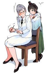  2girls ahoge bad_id bad_twitter_id black_hair boots chair cross-laced_footwear female_admiral_(kancolle) full_body glasses green_eyes green_hakama grey_hair hakama hakama_skirt hat highres japanese_clothes kantai_collection lace-up_boots matsukaze_(kancolle) meiji_schoolgirl_uniform military military_uniform mini_hat mini_top_hat multiple_girls naval_uniform pen shishanmo short_hair simple_background sitting skirt surprised swept_bangs top_hat uniform wavy_hair white_background white_skirt 