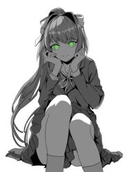  absurdres bad_id bad_pixiv_id blazer commentary_request doki_doki_literature_club female green_eyes greyscale hair_ornament hands_on_own_face highres jacket long_hair long_sleeves looking_at_viewer metsu_end monika_(doki_doki_literature_club) monochrome neckerchief ponytail sailor_collar school_uniform simple_background sitting skirt smile socks solo spot_color white_background 