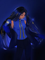  black_hair black_jacket black_pants blue_gloves blue_shirt breasts closed_eyes closed_mouth commentary_request dark-skinned_female dark_skin eyelashes female geeta_(pokemon) gloves highres jacket long_hair long_sleeves mmmhobby neck_ribbon off_shoulder pants pokemon pokemon_sv ribbon shirt sleeveless sleeveless_shirt smile solo yellow_ribbon 