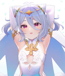  antenna_hair armpits arms_behind_head arms_up clothing_cutout commentary_request cone_hair_bun detached_sleeves double_bun female grey_hair hair_between_eyes hair_bun hair_ornament highres jewelry kokkoro_(ceremonial)_(princess_connect!) kokkoro_(princess_connect!) looking_at_viewer open_mouth parted_lips pink_eyes princess_connect! shimon_(31426784) short_hair sleeveless solo upper_body white_background 