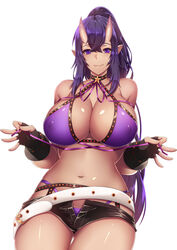  bb_(fate) bb_(swimsuit_mooncancer)_(fate) bb_(swimsuit_mooncancer)_(fate)_(cosplay) bb_(swimsuit_mooncancer)_(second_ascension)_(fate) belt bikini black_gloves black_shorts blush breasts cleavage closed_mouth commission cosplay covered_nipples cowboy_shot criss-cross_halter fate/grand_order fate_(series) female fingerless_gloves gloves hair_between_eyes halterneck horns large_breasts long_hair looking_at_viewer loose_belt megatama micro_shorts oerba_yun_fang oni_horns original ponytail purple_bikini purple_eyes purple_hair ribbon shiny_skin shorts smile solo swimsuit tan very_long_hair white_belt 