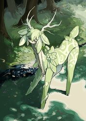  1boy absurdres animal_ears antlers body_markings centauroid completely_nude day deer_antlers deer_boy deer_ears deer_tail extra_ears full_body grass green_eyes green_fur green_hair highres horns looking_at_viewer monster_boy nature nude original outdoors own_hands_together shima_(wansyon144) smile solo standing stream sunlight tail taur tree v_arms 