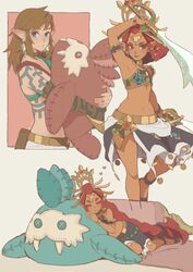  1boy arm_tattoo armpits blue_eyes blue_lips brown_hair doll dual_wielding earrings female gerudo heart highres holding holding_doll holding_sword holding_weapon ivy_(sena0119) jewelry link long_hair navel pointy_ears red_background red_hair riju short_hair single_bare_shoulder smile standing stomach stuffed_animal stuffed_toy sword table tattoo the_legend_of_zelda the_legend_of_zelda:_breath_of_the_wild the_legend_of_zelda:_tears_of_the_kingdom weapon white_background 