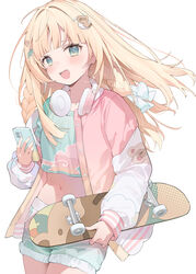  animal_hair_ornament aqua_eyes blonde_hair blush braid cellphone commentary_request cowboy_shot crop_top female floating_hair hair_ornament hairclip hana_mori headphones headphones_around_neck highres holding holding_phone holding_skateboard hololive jacket kazama_iroha kazama_iroha_(streetwear) leaf_hair_ornament letterman_jacket long_hair long_sleeves looking_at_viewer midriff navel open_clothes open_jacket open_mouth pastel_colors phone pokobee puffy_long_sleeves puffy_sleeves simple_background skateboard solo tanuki teeth twin_braids upper_teeth_only virtual_youtuber white_background white_trim yume_kawaii 