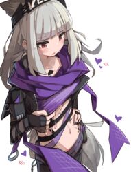  absurdres animal_ears arknights black_gloves black_nails black_pants blunt_bangs blush commentary cowboy_shot crop_top female fingerless_gloves fox_ears frostleaf_(arknights) frostleaf_(breaking_the_ice)_(arknights) gloves grey_hair heart highres jacket long_hair material_growth midriff nail_polish navel official_alternate_costume oripathy_lesion_(arknights) pants parted_lips purple_jacket red_eyes simple_background solo standing stomach togekk0 white_background 