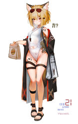  absurdres animal_ear_fluff animal_ears arknights bag bare_shoulders black_coat black_footwear blonde_hair blush breasts casual_one-piece_swimsuit character_name closed_mouth clothing_cutout coat commentary eyewear_on_head female fork fox_ears fox_girl fox_tail full_body gloves grey_gloves groin hair_between_eyes hand_on_own_hip highres holding holding_bag knife long_sleeves material_growth navel navel_cutout notched_ear off_shoulder one-piece_swimsuit open_clothes open_coat oripathy_lesion_(arknights) red_eyes revision sandals short_hair simple_background single_glove small_breasts smile solo standing sunglasses swimsuit tail thigh_gap thigh_strap timitarcat vermeil_(arknights) white_background white_one-piece_swimsuit wide_hips 