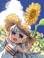  animal_ears arm_behind_head bare_arms dress dutch_angle ears_through_headwear female flower gold_ship_(umamusume) grey_hair hat horse_ears lolicon long_hair looking_at_viewer noma_taoru open_mouth outdoors sleeveless sleeveless_dress smile solo straw_hat sunflower twitter_username umamusume v white_dress 