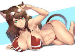  adjusting_eyewear animal_ears arm_support arm_up armpits bad_id bad_pixiv_id bare_shoulders barefoot bikini black_choker blue_background borrowed_character breasts brown_hair cat_ears cat_tail choker cleavage collarbone commentary commission covered_nipples eyewear_on_head facial_mark female final_fantasy final_fantasy_xiv glasses green_eyes groin hair_between_eyes huge_breasts long_hair looking_at_viewer lying maria_arvana_(daeriion) midriff miqo&#039;te nasaniliu navel on_side red_bikini shadow sidelocks simple_background skindentation slit_pupils smile solo swimsuit tail toned two-tone_background warrior_of_light_(ff14) whisker_markings white_background 