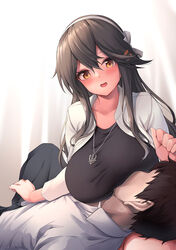  1boy admiral_(kancolle) awa_yume black_hair blush breasts brown_eyes collarbone collared_shirt faceless faceless_male female hair_between_eyes hair_ornament hairband hairclip haruna_(kancolle) highres jewelry kantai_collection large_breasts long_hair long_sleeves necklace official_alternate_costume open_mouth shirt white_hairband white_shirt 