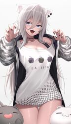  animal_ears black_nails blue_eyes breasts bu_li choker claw_pose cleavage collarbone ear_piercing english_text fangs female fur-trimmed_jacket fur_trim grey_eyes grey_hair hair_between_eyes hands_up highres hololive jacket large_breasts lion_ears lion_girl long_bangs long_hair looking_at_viewer messy_hair off-shoulder_shirt off_shoulder official_alternate_costume official_alternate_hairstyle open_clothes open_jacket open_mouth piercing shirt shishiro_botan shishiro_botan_(casual) simple_background smile ssrb_(shishiro_botan) thigh_gap virtual_youtuber white_background white_shirt wide_hips 