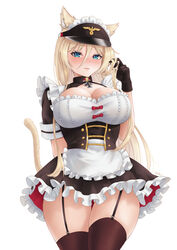  absurdres alternate_costume animal_ear_fluff animal_ears apron arm_behind_back azur_lane bismarck_(azur_lane) black_dress black_gloves black_thighhighs blonde_hair blue_eyes blush breasts cat_ears cat_tail cleavage closed_mouth collared_dress cowboy_shot cross dress enmaided female frilled_apron frilled_dress frills garter_straps gloves hair_between_eyes highres iron_cross kemonomimi_mode large_breasts long_hair looking_at_viewer maid maid_apron maid_headdress playing_with_own_hair short_sleeves sidelocks simple_background skindentation solo standing tail thighhighs visor_cap white_apron white_background whitter 