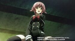  between_legs black_dress black_thighhighs breasts chaos;child dress dress_shirt female hair_between_eyes hand_between_legs legs_apart looking_at_viewer medium_breasts official_art onoe_serika open_mouth red_eyes red_hair sasaki_mutsumi school_uniform shirt short_hair sidelocks sitting solo surprised thick_thighs thigh_strap thighhighs thighs watermark 