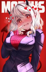  bangs black_horns black_suit blush breasts character_name commentary demon_girl demon_horns demon_tail eyebrows_visible_through_hair female heart heart-shaped_pupils helltaker highres horns large_breasts long_hair long_sleeves looking_at_viewer modeus_(helltaker) oerba_yun_fang red_background red_eyes red_sweater ribbed_sweater saruei simple_background solo sweater symbol-shaped_pupils tail turtleneck white_hair 