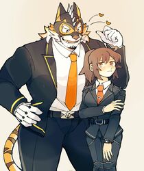  1boy animal_ears belt belt_buckle black_pants blush buckle collared_shirt cowboy_shot facial_hair female female_protagonist_(live_a_hero) flirting furry furry_male gloves goatee heart jacket live_a_hero looking_at_another mask mclw_suisei necktie orange_background orange_eyes orange_fur orange_necktie orange_theme pants ponytail pout ryekie_(live_a_hero) shirt sidelocks simple_background suit_jacket tail thick_thighs thighs tiger_boy tiger_ears tiger_tail two-tone_fur uniform watch white_shirt 