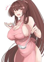  absurdres alternate_costume apron breasts brown_eyes cherry_blossoms collarbone female flower hair_between_eyes hair_flower hair_ornament highres holding holding_ladle holding_saucer jewelry kantai_collection ken_(shutenndouji1) ladle large_breasts long_hair looking_at_viewer naked_apron open_mouth pink_apron plate ponytail ring round_teeth saucer solo tasting_plate teeth upper_teeth_only very_long_hair wedding_ring yamato_(kancolle) 