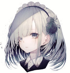  absurdres black_flower collared_shirt english_commentary eyes_visible_through_hair female flower grey_eyes hair_flower hair_ornament highres hito_komoru looking_at_viewer maid_headdress mixed-language_commentary original parted_lips portrait shirt short_hair simple_background solo white_background white_hair 