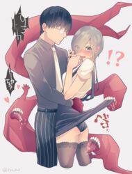  !? 1boy ass black_hair black_nails black_panties black_reaper black_shirt blush clothes_lift collared_shirt colored_skin cropped_legs eyes_visible_through_hair female flat_ass glasses grey_background grey_necktie hair_over_one_eye heart kagune_(tokyo_ghoul) kaneki_ken kirishima_touka long_sleeves nabe-box nail_polish necktie open_mouth panties pants red_skin round_eyewear shirt short_hair short_sleeves simple_background skirt skirt_lift striped_clothes striped_pants teeth thighhighs tokyo_ghoul tokyo_ghoul:re tongue tongue_out underwear upper_teeth_only 