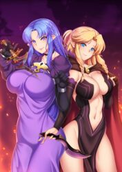  2girls black_gloves blonde_hair blue_eyes blue_hair blush braid breasts cape closed_mouth commission cosplay costume_switch cowboy_shot dagger dress elbow_gloves elsa_granhilte elsa_granhilte_(cosplay) fate/stay_night fate_(series) gloves groin holding holding_weapon impossible_clothes impossible_dress knife large_breasts long_hair looking_at_viewer medea_(fate) megatama multiple_girls navel original pelvic_curtain pointy_ears purple_dress re:zero_kara_hajimeru_isekai_seikatsu revealing_clothes rulebreaker sidelocks smile weapon 