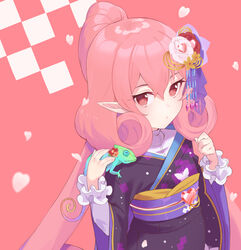  animal_on_shoulder animal_print butterfly_print chameleon closed_mouth commentary curly_hair female flower from_above furisode hair_between_eyes hair_flower hair_ornament hand_up heart high_ponytail japanese_clothes kanzashi kimono long_hair long_sleeves looking_at_viewer neneka_(new_year)_(princess_connect!) neneka_(princess_connect!) obi pink_background pink_hair pointy_ears princess_connect! print_kimono purple_kimono red_eyes sash shimon_(31426784) solo upper_body wide_sleeves 