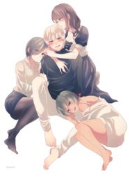  1boy 3girls :d barefoot black_pantyhose black_shirt black_skirt black_socks blush breasts collarbone collared_shirt commentary_request dress eyes_visible_through_hair grey_background half-closed_eyes harem hug kamishiro_rize kaneki_ken kirishima_touka large_breasts looking_at_viewer medium_breasts medium_hair miniskirt multicolored_hair multiple_girls mutsuki_tooru nabe-box no_shoes pants pantyhose puffy_short_sleeves puffy_sleeves shirt short_sleeves simple_background skirt smile socks straight tokyo_ghoul tokyo_ghoul:re two-tone_hair white_background white_dress white_pants 