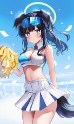  182_1x156_(gkyn8274) absurdres animal_ears black_hair blue_archive blue_eyes blush breasts cheerleader cleavage crop_top dog_ears dog_girl dog_tail eyewear_on_head facial_mark female goggles goggles_on_head halo hibiki_(blue_archive) hibiki_(cheer_squad)_(blue_archive) highres holding holding_pom_poms large_breasts long_hair looking_at_viewer millennium_cheerleader_outfit_(blue_archive) miniskirt navel official_alternate_costume pom_pom_(cheerleading) skirt solo star_(symbol) star_facial_mark star_sticker sticker_on_face tail text_print white_skirt yellow_halo 