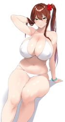  bare_shoulders bikini blush breasts brown_hair cleavage collarbone curvy female green_eyes highres huge_breasts kemigawa_mondo legs long_hair looking_at_viewer navel original plump side_ponytail sidelocks simple_background smile solo stomach swimsuit thick_thighs thighs white_background white_bikini wide_hips 