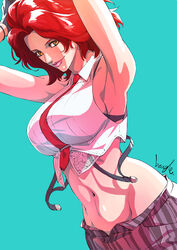  absurdres arm_behind_head arm_up armpits arms_behind_head arms_up bare_shoulders breasts crop_top female highres large_breasts looking_at_viewer navel necktie pants pinstripe_pants pinstripe_pattern red_hair shirt sideboob sleeveless smile snk solo stomach strikebeagle striped suspenders the_king_of_fighters the_king_of_fighters_xiv the_king_of_fighters_xv vanessa_(kof) white_shirt 